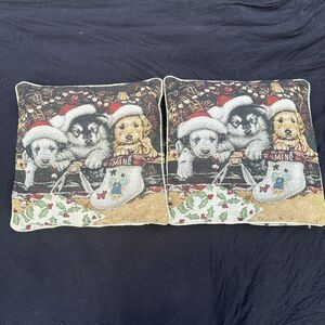 "Tail Wagging Christmas" Tapestry Throw Pillows Christmas Dogs Pillows Vintage